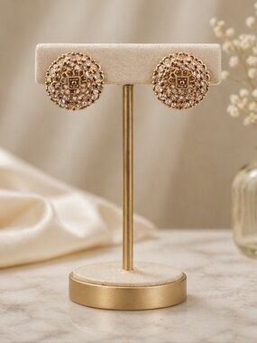 Vintage Gold Filigree Rhinestone Stud Earrings 1" Round Statement
